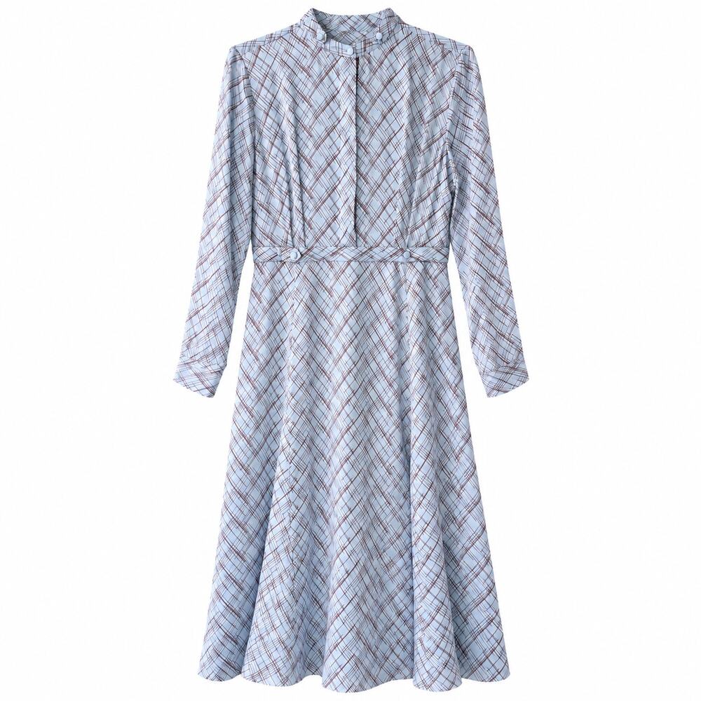 100% Silk Equipment Femme Blue Red Print Long Sleeve Fit & Flare Midi Dress